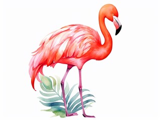 Watercolor painting of a flamingo standing on a big leaf.
