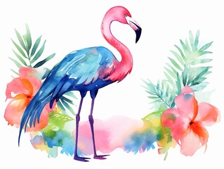 Watercolor painting of a flamingo standing between flowers.