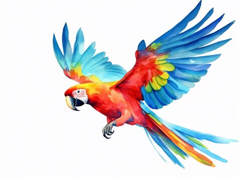 Beautiful watercolor painting of a parrot spreading its wings and flying.