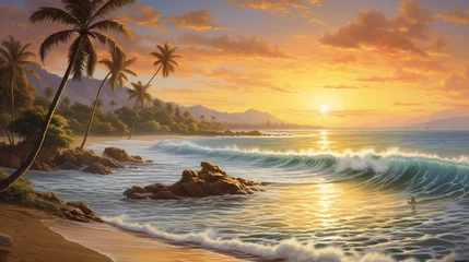 Tuinposter An idyllic tropical scene featuring palm-fringed beaches lapped by crystal-clear turquoise waves, with the golden sun casting shimmering reflections on the rippling water, creating a paradise © komal