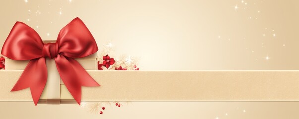 Red ribbon with bow on beige background, Christmas card concept. Space for text. Red and Beige Background