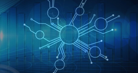 Image of network of connections with icons over architectural model