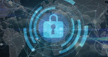 Image of scope scanning and binary coding over man wearing vr headset