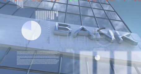 Image of statistics with data processing over bank building