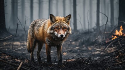 Naklejka na ściany i meble Fox in forest after fire. Generative AI