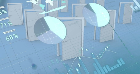 Image of statistics with data processing over doors on blue background