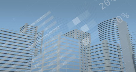 Image of statistics with data processing over cityscape