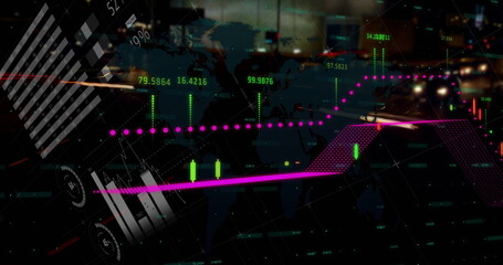 Image of world map and data processing over city at night