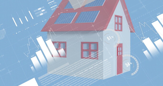 Image of statistics with data processing over house on blue background - Powered by Adobe