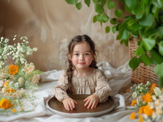  a cute little girl model, with an empty wooden tray, sitting smiling at a camera, surrounded flowers and plants, a commercial photograph