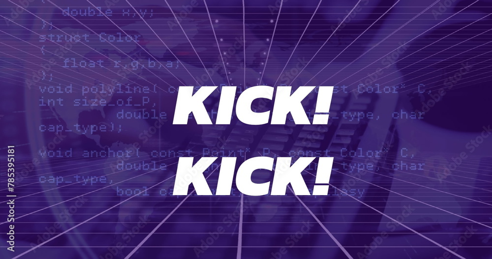 Poster image of kick text and data processing over hands typing on keyboard