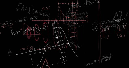 Image of mathematical equations over scope scanning on black background