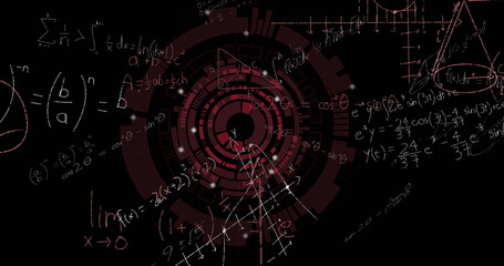 Image of mathematical equations over scope scanning on black background