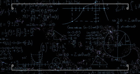 Image of mathematical equations over network of connections on black background - obrazy, fototapety, plakaty