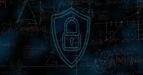 Image of mathematical equations over padlock icon on black background