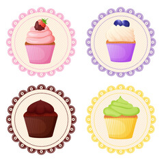 Cartoon label with cupcakes. Sweet bakery, shop badge with muffin