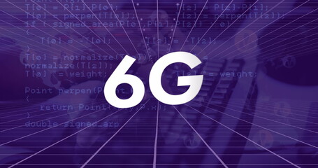 Image of 6g text with data processing over hands typing on keyboard