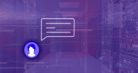 Image of icon with speech bubble and data processing over server room