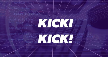 Image of kick text and data processing over hands typing on keyboard