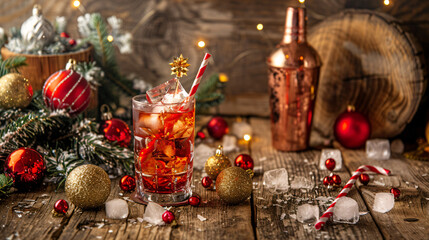 Festive drinks and Christmas decor on a wooden backdro