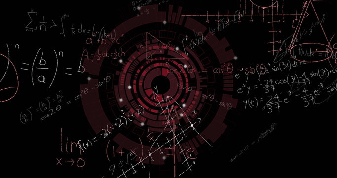 Image of mathematical equations over scope scanning on black background