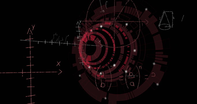 Image of mathematical equations over scope scanning on black background