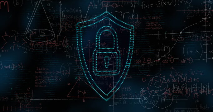 Image of mathematical equations over padlock icon on black background