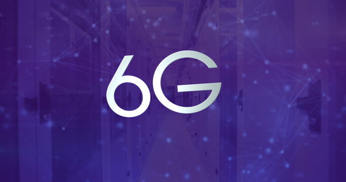 Image of 6g text and network of connetcions over server room