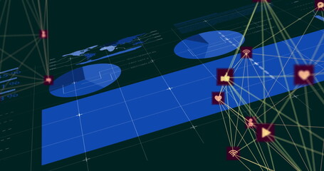 Image of icons connected with lines over blue infographic interface against abstract background