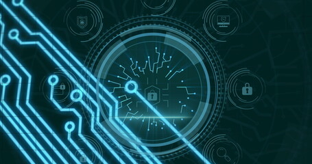 Image of cyber security text, shield, icon in circles, padlock in hexagon, circuit board texture