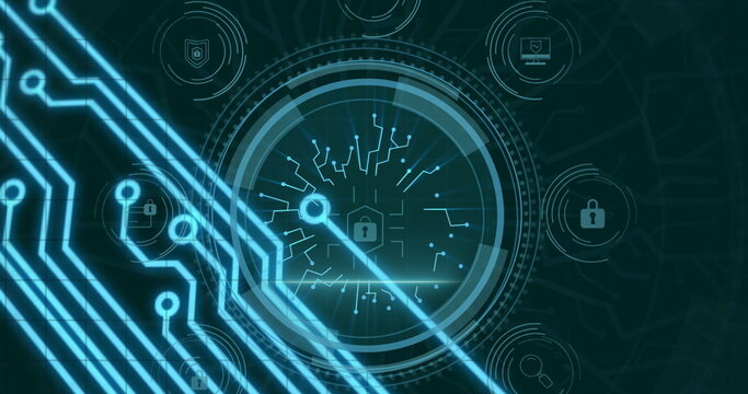 Image of cyber security text, shield, icon in circles, padlock in hexagon, circuit board texture