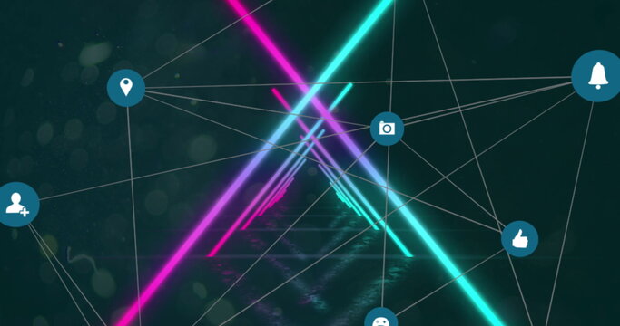 Image of icons in circles connected with lines over illuminated looping triangular tunnel