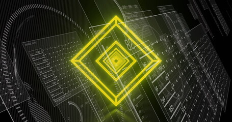 Image of neon yellow tunnel in seamless pattern over screens with data processing