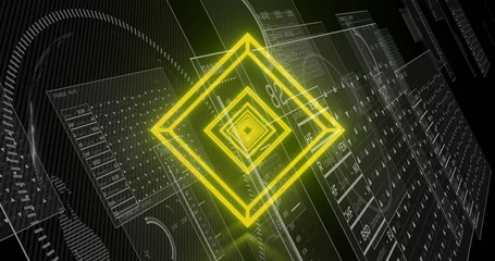 Tableaux ronds sur plexiglas Tunnel Image of neon yellow tunnel in seamless pattern over screens with data processing