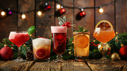 Fototapeta na wymiar Festive drinks and Christmas decor on a wooden backdro