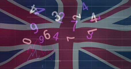 Image of financial data processing over flag of uk