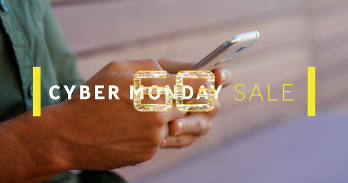 Image of cyber monday sale text and 6g over biracial man using smartphone