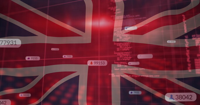 Image of financial data processing and social media icons with numbers over flag of uk