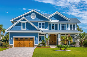 Blue house with white trim and garage, in Florida, on the beach, with green grass, palm trees, sunny day, blue sky