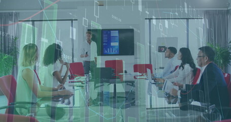 Image of statistical data processing over caucasian man giving a presentation at office