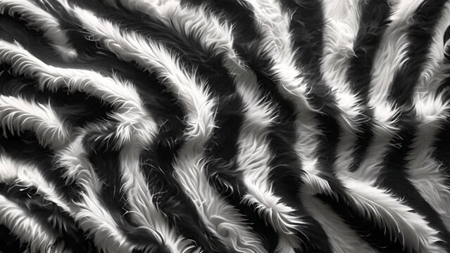 Zebra fur soft moving around. Simple zebra print motion background. This black and white striped animal print background animation 4k video. Abstract background texture black and white