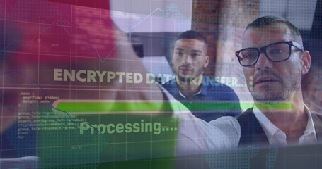 Image of financial data processing over diverse business people working at office