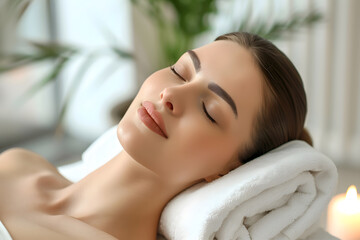 Young woman enjoying head face massage in spa salon. Beauty treatment concept - obrazy, fototapety, plakaty