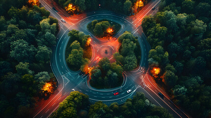 Aerial view of road roundabout intersection with moving heavy traffic. Urban circular...