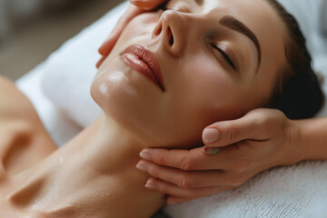 Young woman enjoying head face massage in spa salon. Beauty treatment concept - obrazy, fototapety, plakaty