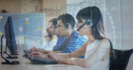 Image of data processing over diverse business people using phone headphones in office