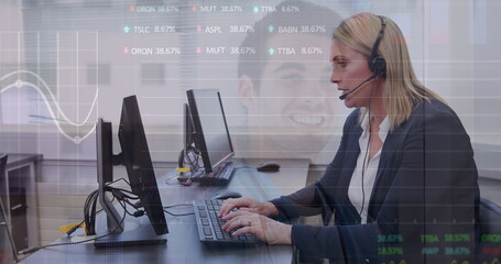 Image of data processing over caucasian businesswoman using phone headset in office