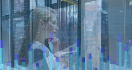 Image of data processing financial data and computer server over caucasian women