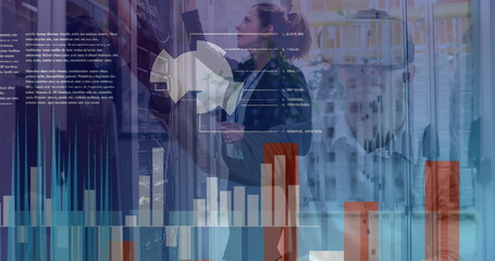 Image of graphs, caucasian man using vr headset, caucasian female technician working server room