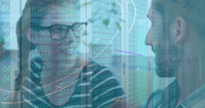 Image of changing numbers on server room and abstract pattern on diverse coworkers sharing ideas - Powered by Adobe